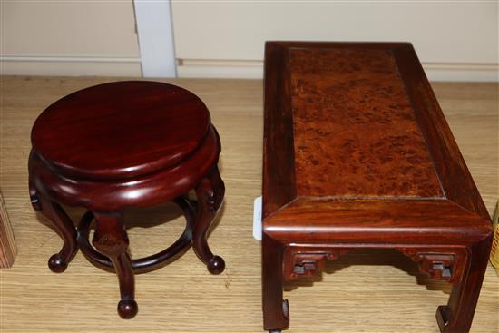 A Chinese cabriole leg wood stand and a rosewood and burr wood stand longest 30.5cm